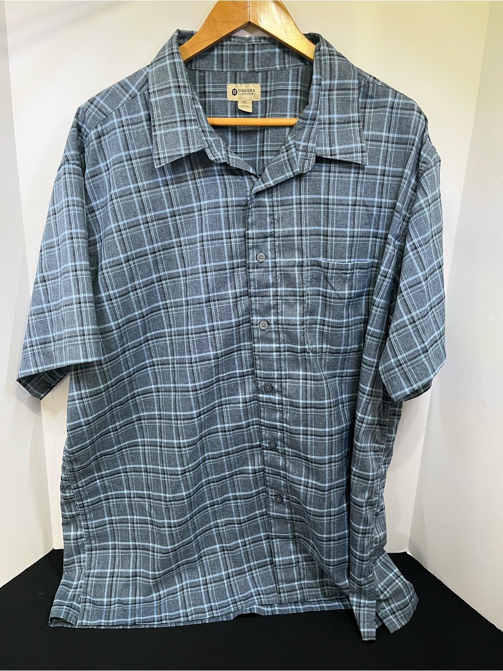 Haggar Blue Gray Plaid Short-Sleeve Button-Down Shirt